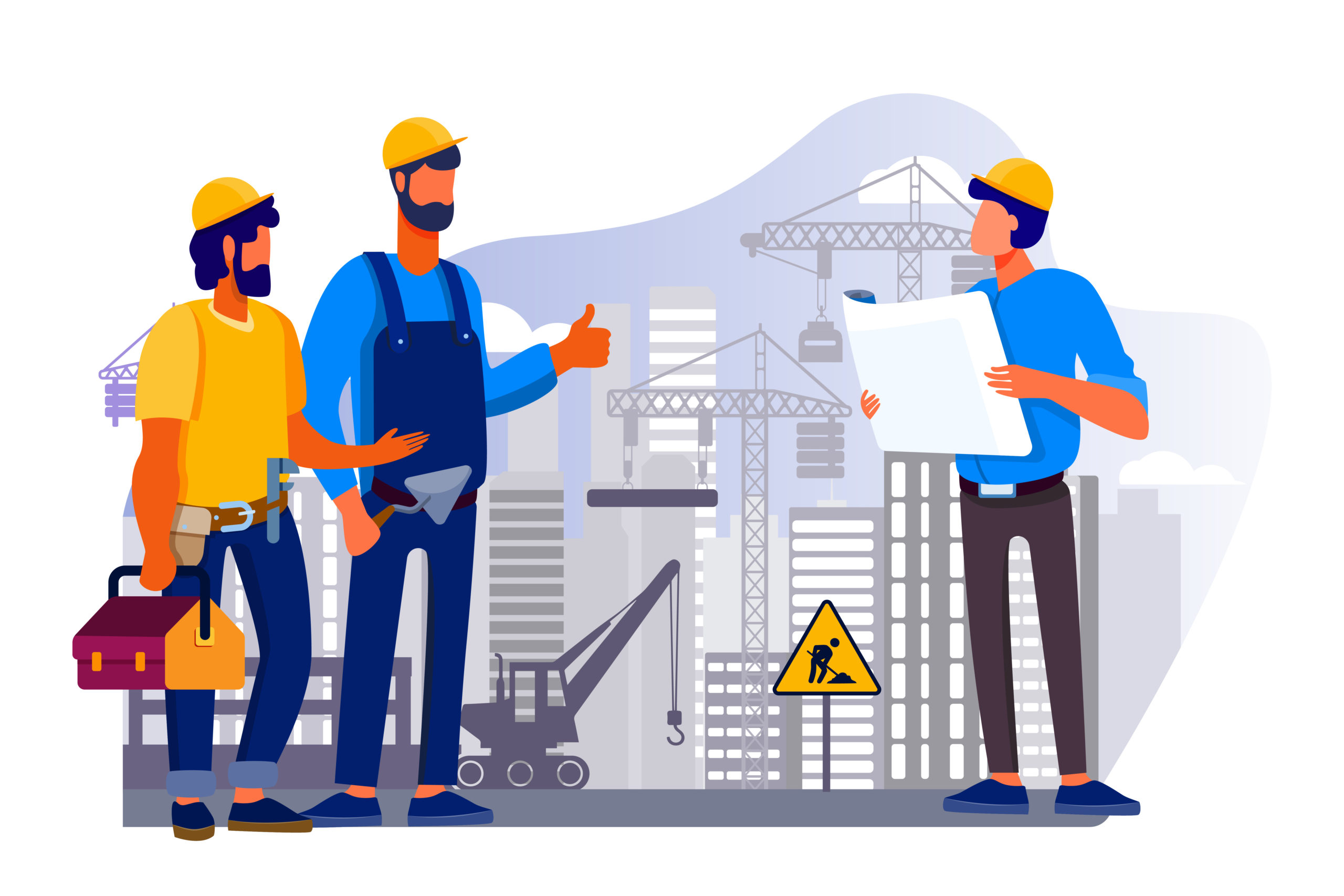 Engineers team discussing issues at construction site flat vector illustration. Foreman looking at construction project plan. Building and engineering concept. Machinery and crane on background